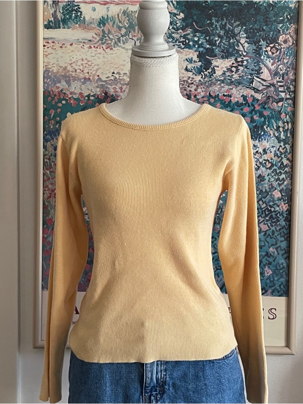 Vintage 70s Butter Yellow Sweater M Ribbed Knit Long Sleeve 100% Cotton USA Made